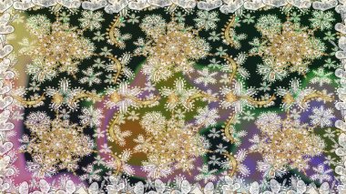 Kusursuz kraliyet lüksü, altın barok kumaş rengi. Altın antika ortaçağ dekoratifi, yapraklar ve altın desenli süslemelerle renksiz ve gri renklerde..