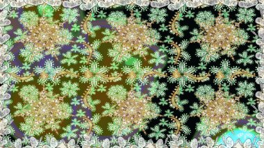 Senin tasarımın için, duvar kağıdı. Yeşil ve nötr renklerde altın desenli, altın çiçekli desenler. Altın rengi, kusursuz çizim. Raster geometrik arkaplanı.