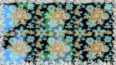 El yapımı dekoratif çerçeve, albüm kapağı, tebrik kartı, klasik Art deco tarzı. Raster soyut çiçek çelengi altın karalama fantezi yaprakları ve tarafsız ve mavi renkte çiçek.