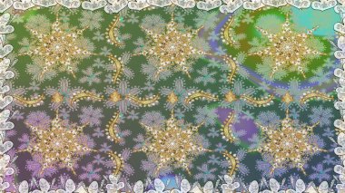 Raster oryantal süs. Kusursuz altın desen. Gri ve yeşil renklerde altın elementlerle kusursuz desen.