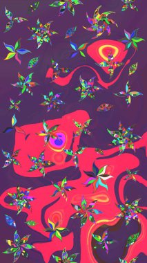 Raster illustration. Watercolor, hand drawn. Wild flowers with leaves on purple and pink colors. Sketch background pattern.