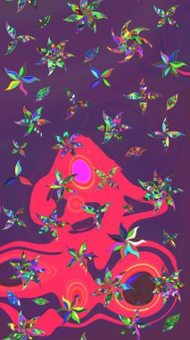 Raster illüstrasyonu. El çizimi. Çiçekli, yapraklı, çiçek desenli çizim..