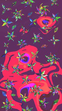 Raster illüstrasyonu. Çiçek deseni. Mor ve pembe renkte çiçek çizimi. Şatafatlı bahar bahçesi dokusu. Mor ve pembe renkte çiçekler.