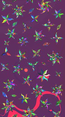 Patlayan çiçekler soyut olarak yerleştirilmiş. Yumuşak, bahar çiçekleri mor ve yeşil renklerde. Raster deseni. Raster illüstrasyonu.