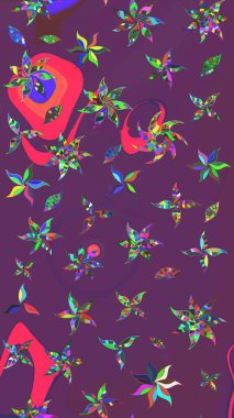 Raster Floral Illustration, Asyalı tekstil. Mor ve pembe renkli etnik çiçeklerle zarif bir eskiz deseni..