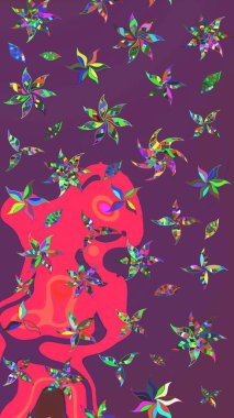 Mor ve pembe renkte güzel çiçekler, suluboya çiçek desenli, duvar kağıdı, kart veya kumaş için fayanslı eskizler. Raster..