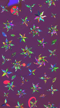 Bir sürü mor ve yeşil soyut çiçekli tropik eskiz deseni. Küçük çiçekteki sevimli çiçek deseni. Varicolopurple ve yeşil raster çizimi.