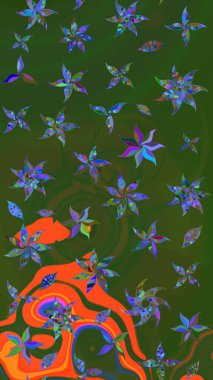 Sevimli çiçek raster deseni. Yeşil ve turuncu renkli çiçekler. Sketch Colour Spring Theme eskiz kalıbı. Düz Çiçek Elementleri Tasarımı.