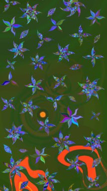 Yeşil ve mavi renkli bitkilerden oluşan parlak çiçekli çizim deseni.