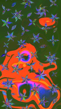 Üzerinde gelincikler ve vadi zambakları olan renkli çiçek desenli nakış deseni. Tekstil tasarımı için yeşil ve turuncu renkli geleneksel halk çiçekleri buketi.