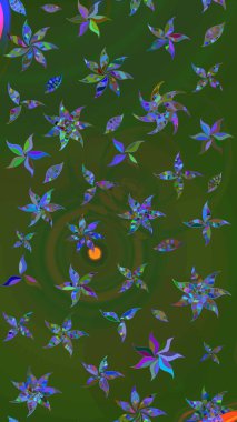 Çiçek desenli çizim. Raster illüstrasyonu. Asya tekstil tarzında. Yeşil ve mavi renkte çiçekler. Raster illüstrasyonu.