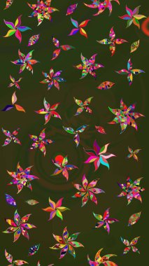 Patlayan çiçekler soyut olarak yerleştirilmiş. Yeşil ve gri renklerde bahar çiçekleri. Raster deseni. Raster illüstrasyonu.