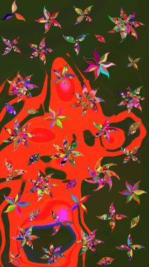 Çiçekli el çizimi çizimi deseni. Modern gelişim yeşil ve kırmızı raster arka plan duvar kâğıdı illüstrasyon klasik çizgili iz sürme desenli çiçekler, çiçekli süsler.