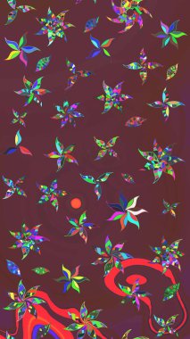 Renkli Bahar Teması eskiz kalıbı. Raster illüstrasyonundaki çiçek desenli çizim. Kahverengi ve yeşil renkli çiçekler. Düz Çiçek Elementleri Tasarımı.