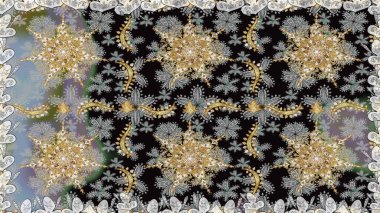 Gri ve siyah renklerde altın çiçekli altın desenler. Senin tasarımın için, duvar kağıdı. Altın rengi, kusursuz çizim. Raster geometrik arkaplanı.