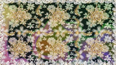 Kusursuz kraliyet lüksü, altın barok kumaş rengi. Altın antika ortaçağ dekoratifi, yapraklar ve altın desenli süslemelerle renksiz ve gri renklerde..