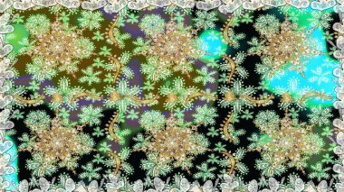 Tarafsız ve altın elementli yeşil renklerde altın desen. Klasik klasik klasik arka plan. Geleneksel oryantasyon süsü. Kusursuz klasik raster altın desenli.