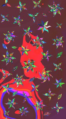 Düz Çiçek Elementleri Tasarımı. Sevimli çiçek raster deseni. Renkli Bahar Teması eskiz kalıbı. Kahverengi ve kırmızı renkte çiçekler.