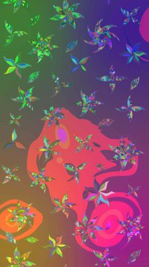 Hediye ambalaj kağıdı, tebrik kartları, posterler ve pankart tasarımı. Yeşil ve mor renkli çiçekler. Raster düz çiçek çizim deseni.