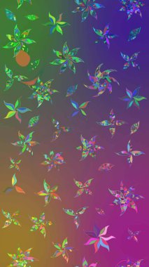 Küçük renkli çiçekler. Moda baskıları için zarif bir şablon. Motley illüstrasyonu. Küçük çiçekte güzel bir desen. Mor ve yeşil çiçekli bahar çiçekleri.