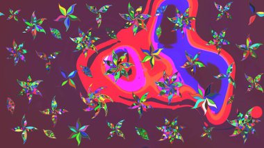 Kahverengi ve menekşe rengi, zarif küçük çiçekler ve kahverengi ve mor renkli komik böcekler, raster desen, illüstrasyon.