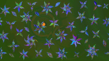 Çiçek süslemeli çizim deseni. Yeşil ve mavi renkte çiçekler. Raster illüstrasyonu.