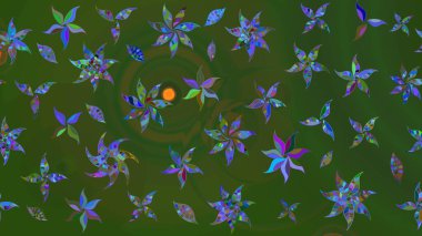 Raster illüstrasyonundaki çiçek desenli çizim. Yeşil ve mavi renklerde. Güzel kumaş deseni. Raster illüstrasyonu.