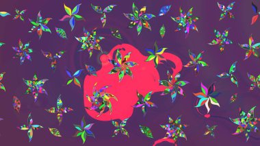 Eski usul. Kumaş, tekstil, duvar kağıdı baskısı için. Renkli desenli eskiz deseni, mor ve mor çiçekler ve dekoratif elementler. Raster illüstrasyonu. Taslak arkaplan.