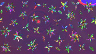 Mor ve mor renklerde. Raster illüstrasyonu. 3D çiçekler, çizim.