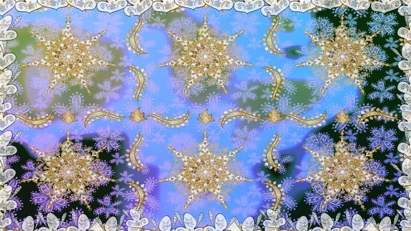 Raster. Parlak dantel, stilize çiçekler, şal desenli. Doğu tarzı arabesk. Mavi renklerde altın elementlerle kusursuz desen. Hassas altın deseni açın. Kusursuz altın dokular bukleler.