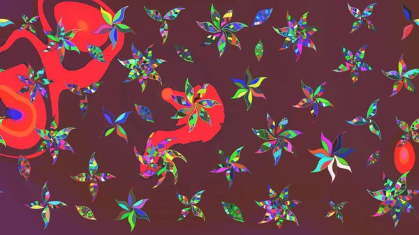 Raster çiçek desenli çiçek deseni, yapraklar, dekoratif elementler, sıçrama, lekeler, el çizimi kontur çizgileri ve Doodle çizim stili, grafik raster çizim çizimi.