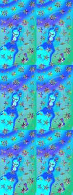 Klasik çiçek tasarımı elementleri. Mavi ve yeşil kıvırcık çiçekler mavi ve yeşil renklerde şekillenir. Raster illüstrasyonu.