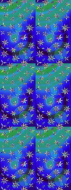 Elle boyanmış suluboya resim çizimleri, çiçekler ve bitkiler. Mavi ve yeşil renkte çiçekler.