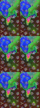 Raster illüstrasyonundaki çiçek desenli çizim. Yeşil ve mavi renkte çiçekler.