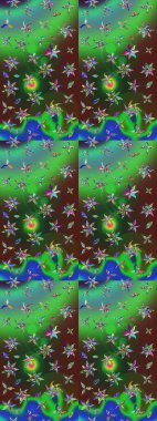 Raster illüstrasyonundaki çiçek desenli çizim. Suluboya tarzında yeşil ve mavi renkte çiçekler.