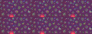 1950-1960 motifleri. Çiçekli ipek eşarp. Retro tekstil tasarım koleksiyonu. El çizimi çiçek unsurları olan soyut çizim raster deseni. Mor ve yeşil, mor ve yeşil.