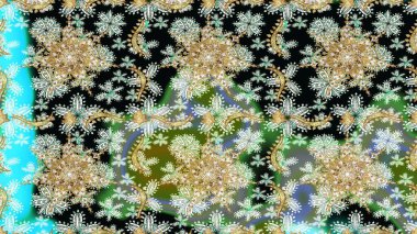 Altın antika ortaçağ dekoratifi, yapraklar ve siyah renklerde altın desenli süslemeleri olan dikişsiz bir şablon. Kusursuz kraliyet lüksü, altın barok kumaş rengi..