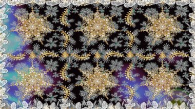 Kusursuz kraliyet lüksü, altın barok kumaş rengi. Altın antika ortaçağ dekoratifi, yapraklar ve gri ve siyah renkli altın desenli süslemeleri olan pürüzsüz bir desen..