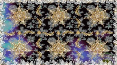 Kusursuz kraliyet lüksü, altın barok kumaş rengi. Altın antika ortaçağ dekoratifi, yapraklar ve gri ve siyah renkli altın desenli süslemeleri olan pürüzsüz bir desen..