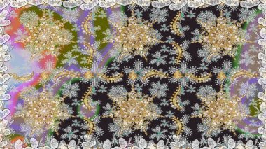 Raster illüstrasyonu. Süslü dekorasyon. Damask altın soyut çiçek gri ve nötr renklerde pürüzsüz desen.