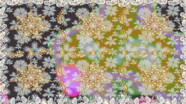 Gri ve nötr renklerde altın element. Altın desenli çiçek dekoru. Doğu tarzı element. Davetiyeler, kartlar, web sayfası için Raster illüstrasyon. Çizgi sanatı tasarım şablonu için sınırsız sınır.