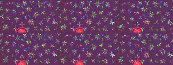 1950-1960 motifleri. Çiçekli ipek eşarp. Retro tekstil tasarım koleksiyonu. El çizimi çiçek unsurları olan soyut çizim raster deseni. Mor ve yeşil, mor ve yeşil.