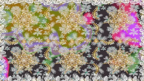 Doğu tarzı arabesk. Raster. Hassas altın deseni açın. Kusursuz altın desenli bukleler. Gri ve kahverengi renklerde altın elementlerle kusursuz desen. Parlak dantel, çiçekler, şal desenli.