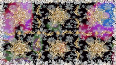 Kusursuz kraliyet lüksü, altın barok kumaş rengi. Altın antika ortaçağ dekoratifi, yapraklar ve gri ve siyah renkli altın desenli süslemeleri olan pürüzsüz bir desen..