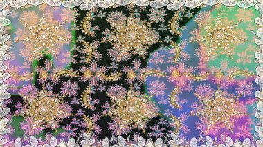 Hassas altın deseni açın. Tarafsız renklerde, altın elementlerle kusursuz desen. Kusursuz altın desenli bukleler. Doğu tarzı arabesk. Parlak dantel, stilize çiçekler, şal desenli. Raster..