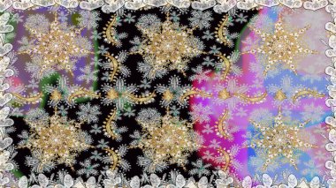 Süslü dekorasyon. Damask altın soyut çiçek gri ve nötr renklerde pürüzsüz desen. Raster illüstrasyonu.