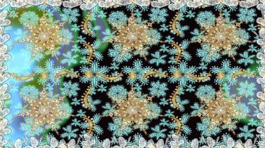 Soyut duvar kâğıdı, ambalaj dekorasyonu. Altın kar taneleri basit, pürüzsüz desen. Tarafsız ve siyah renklerde Raster altın deseni. Kışın sembolü, Mutlu Noel tatili, Mutlu yıllar 2019.