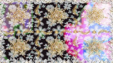 Davetiyeler, kartlar, web sayfası için Raster illüstrasyon. Çizgi sanatı tasarım şablonu için kusursuz sınır. Altın desenli çiçek dekoru. Doğu tarzı element. Gri ve nötr renkler üzerine altın element.