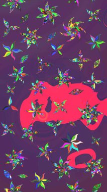 Raster çiçek desenli çiçek deseni, yapraklar, dekoratif elementler, sıçrama, lekeler, el çizimi kontur çizgileri ve Doodle çizim stili, grafik raster çizim çizimi.