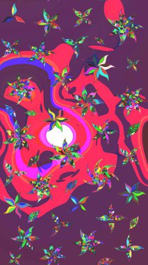 Mor ve pembe renkte çiçekler. Raster düz çiçek çizim deseni. Tasarım hediye paketi, tebrik kartları, posterler ve afiş tasarımı.